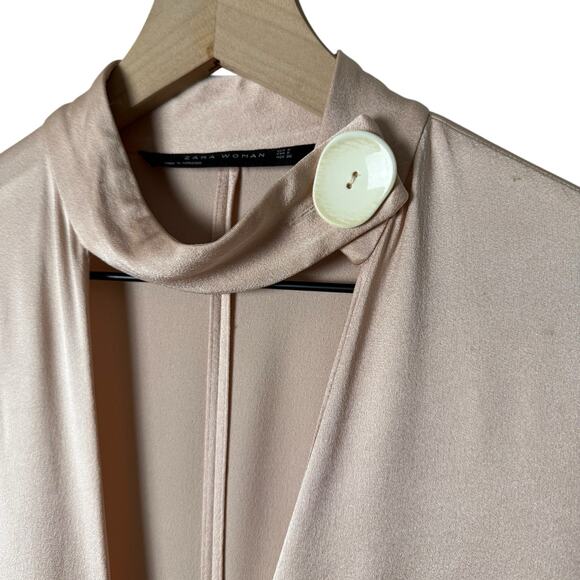 Zara Blush Knotted Satin Midi Dress Plunging Neckline Leg Slit Button Collar, S - Picture 6 of 15